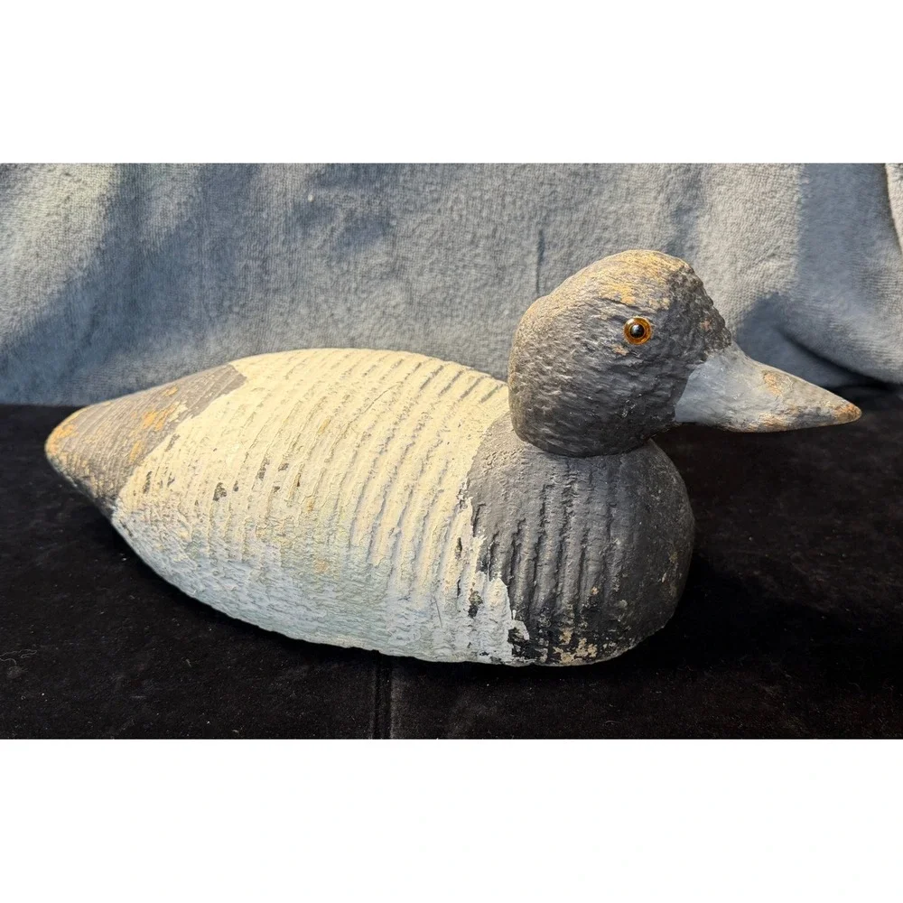 Vintage Hand Carved Cork Body Duck Decoy Wood Head Glass Eyes Bluebill Scaup 12
